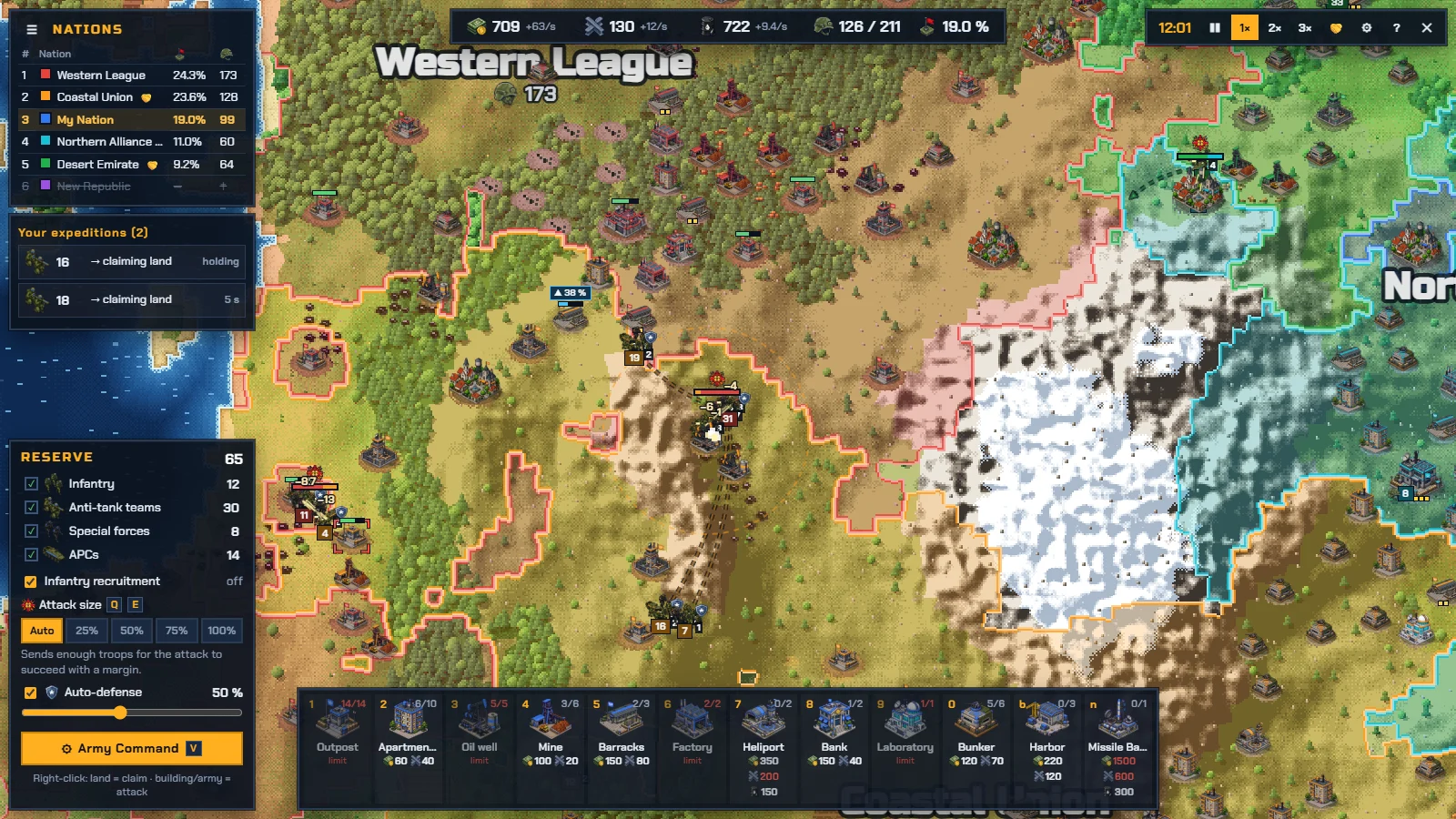 Claimfront gameplay: rival nations with colored borders, armies marching on the front line, build bar at the bottom